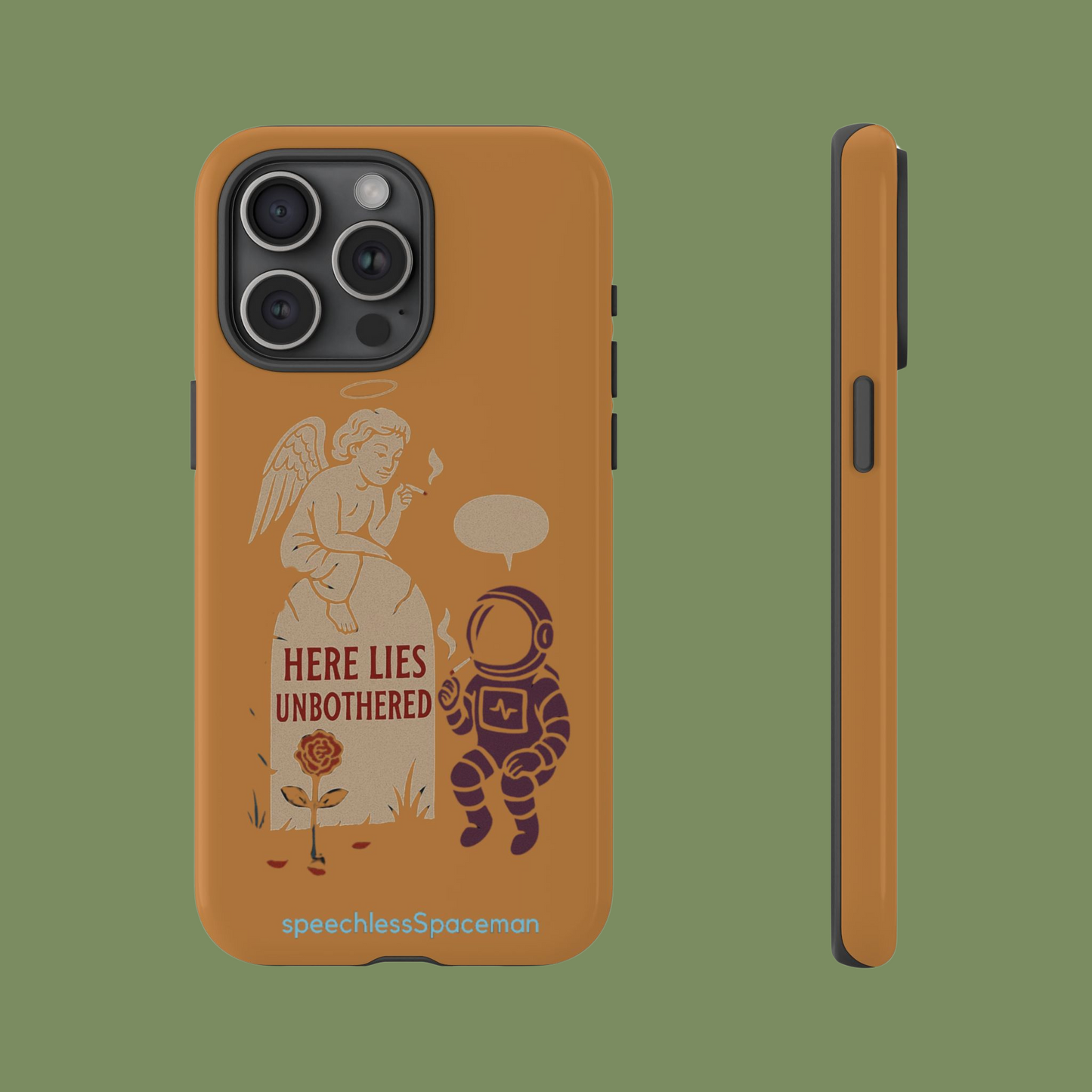 hereLies iPhone Case | in Burnt Cheese | Gift for Friends, Fun and Unique, Perfect for Birthdays | speechlessSpaceman