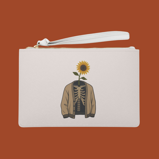 boneBloom Wristlet Clutch | Minimalist Skeleton and Sunflower Art Bag, Vegan Leather | speechlessSpaceman