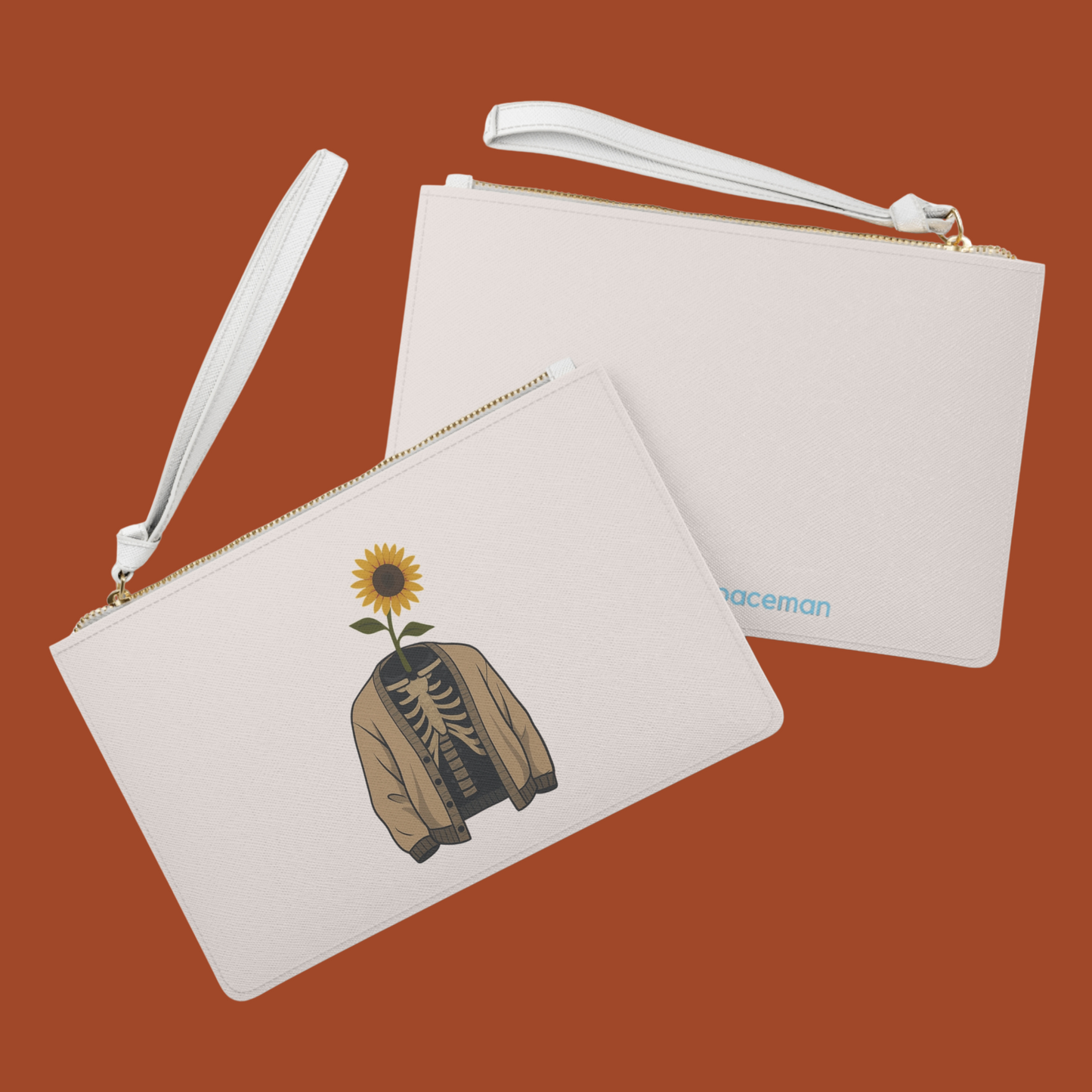 boneBloom Wristlet Clutch | Minimalist Skeleton and Sunflower Art Bag, Vegan Leather | speechlessSpaceman